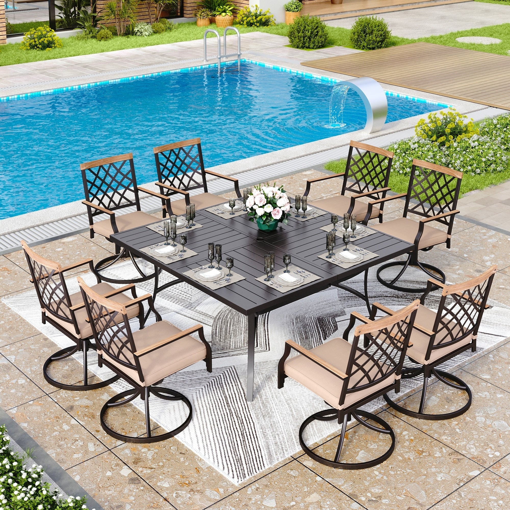 Ensemble de salle à manger de patio MAISON ARTS 9 pièces, table carrée en métal de 60 pouces avec 8 chaises pivotantes
