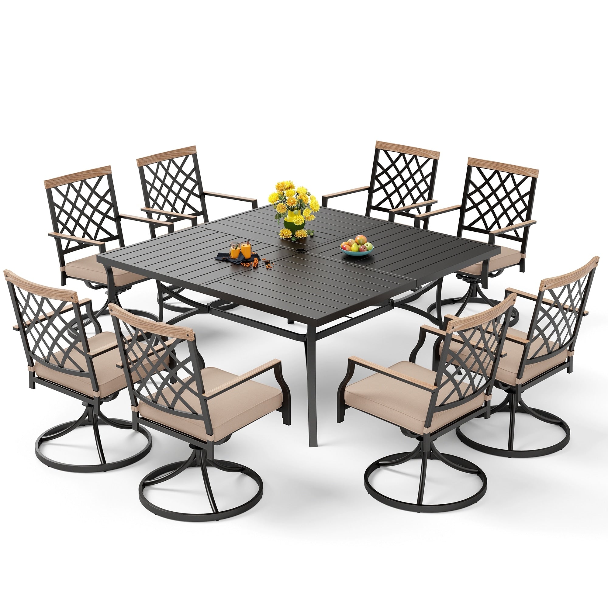 Ensemble de salle à manger de patio MAISON ARTS 9 pièces, table carrée en métal de 60 pouces avec 8 chaises pivotantes
