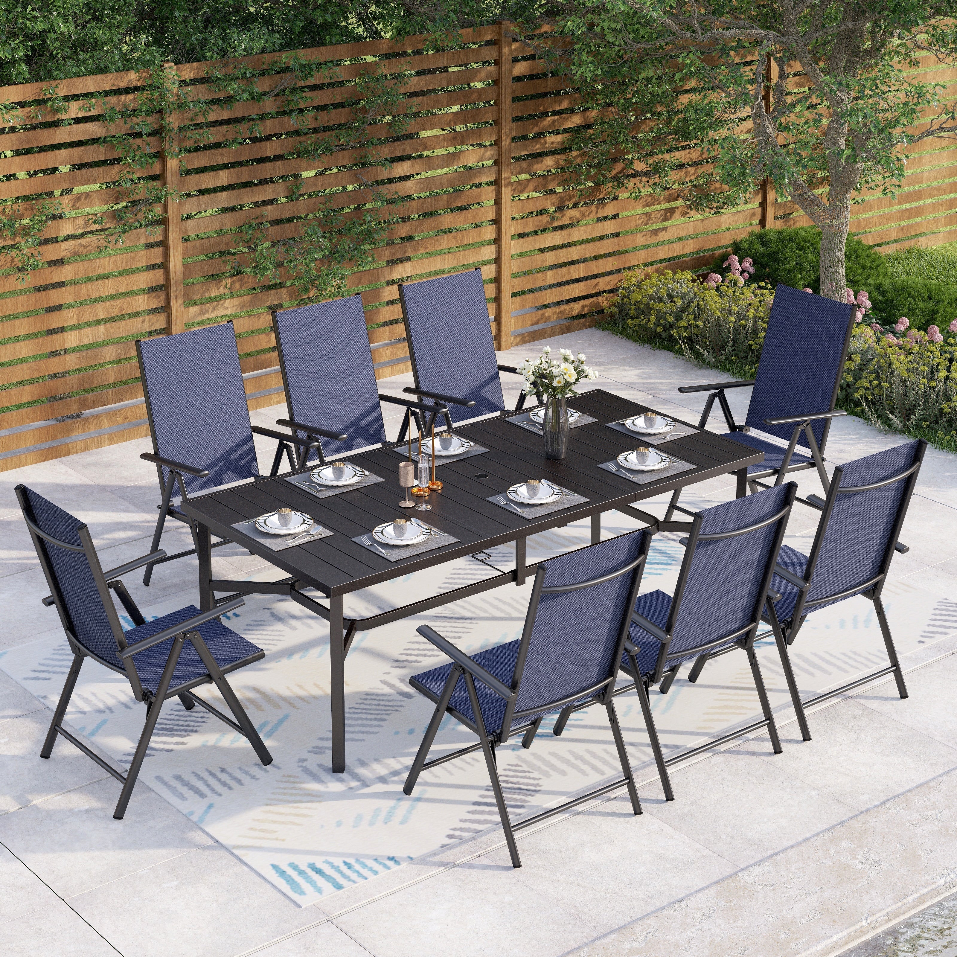 Ensemble de salle à manger de patio 9 pièces, table en métal et chaises de salle à manger pliables avec 7 niveaux réglables