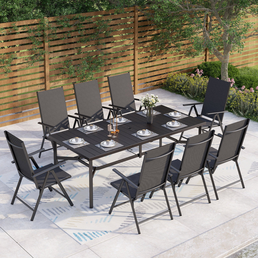 Ensemble de salle à manger de patio 9 pièces, table en métal et chaises de salle à manger pliables avec 7 niveaux réglables