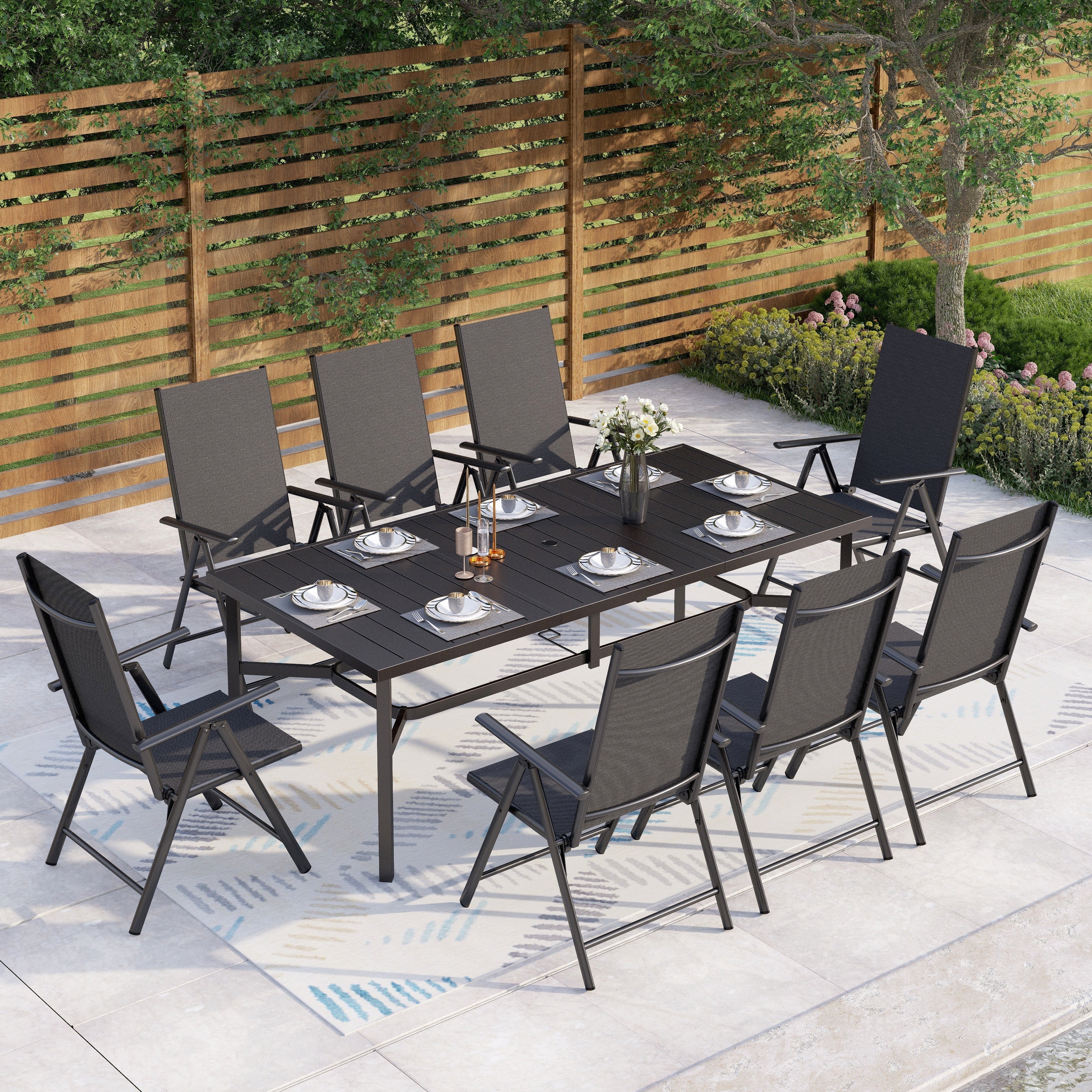 Ensemble de salle à manger de patio 9 pièces, table en métal et chaises de salle à manger pliables avec 7 niveaux réglables