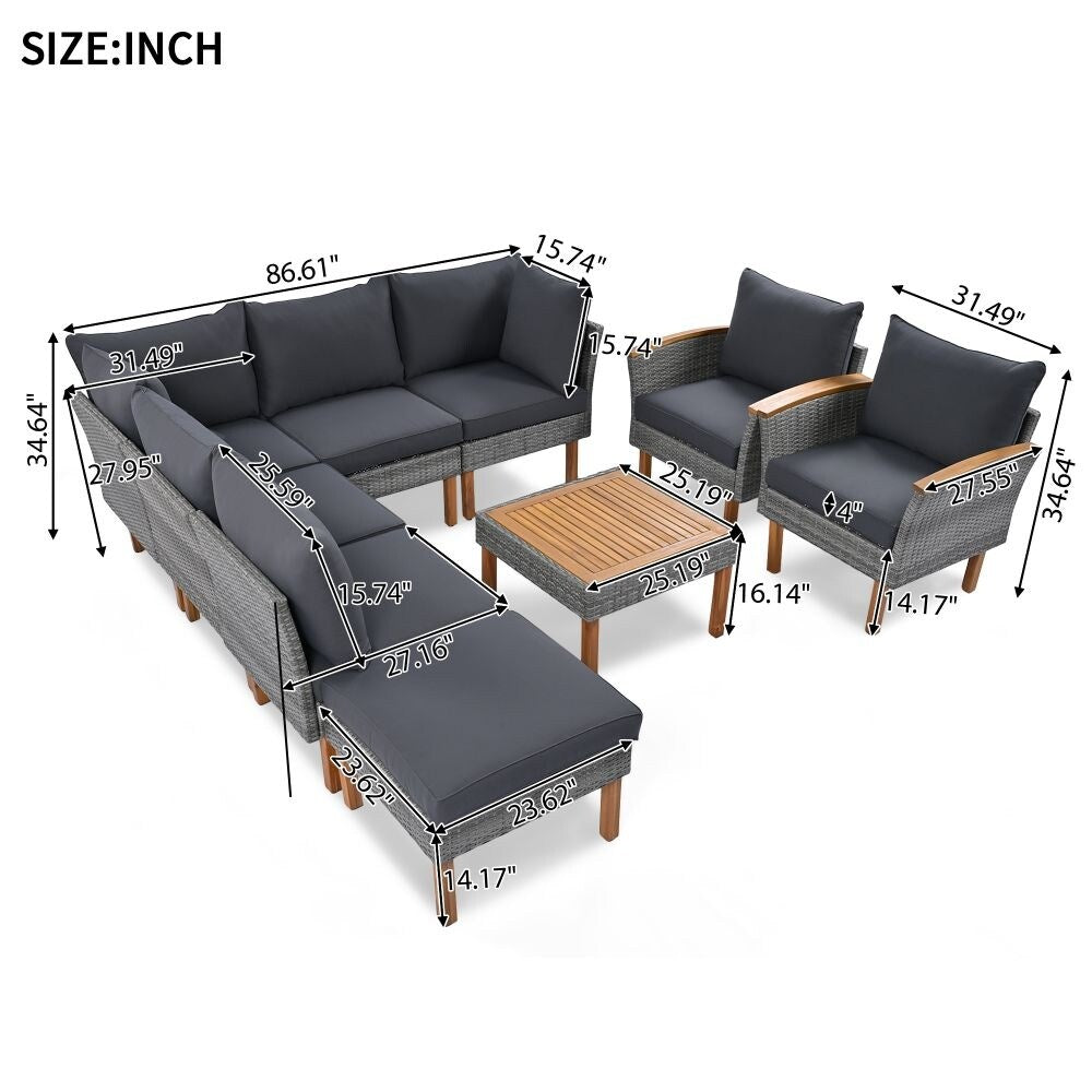 Ensemble de meubles de patio en rotin 9 pièces, ensemble de conversation extérieur avec pieds et plateau en bois d'acacia