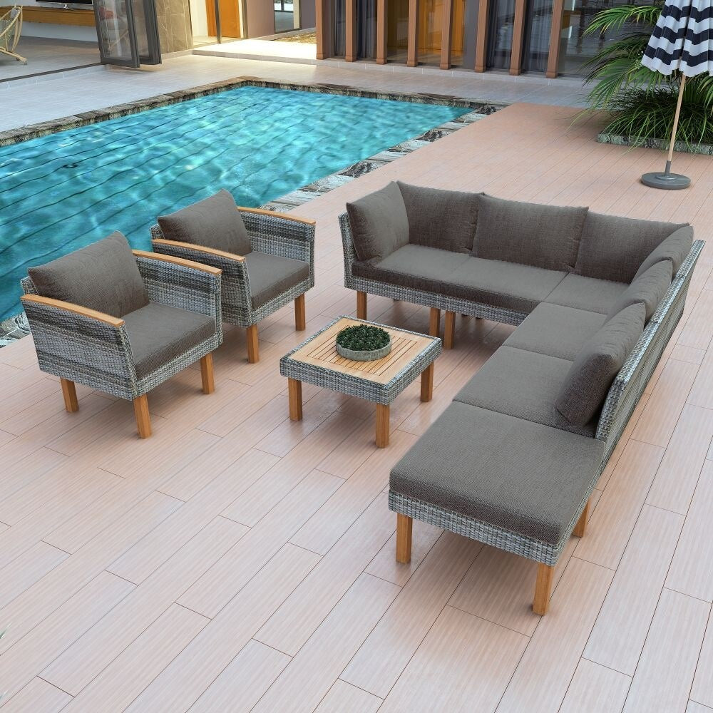 Ensemble de meubles de patio en rotin 9 pièces, ensemble de conversation extérieur avec pieds et plateau en bois d'acacia