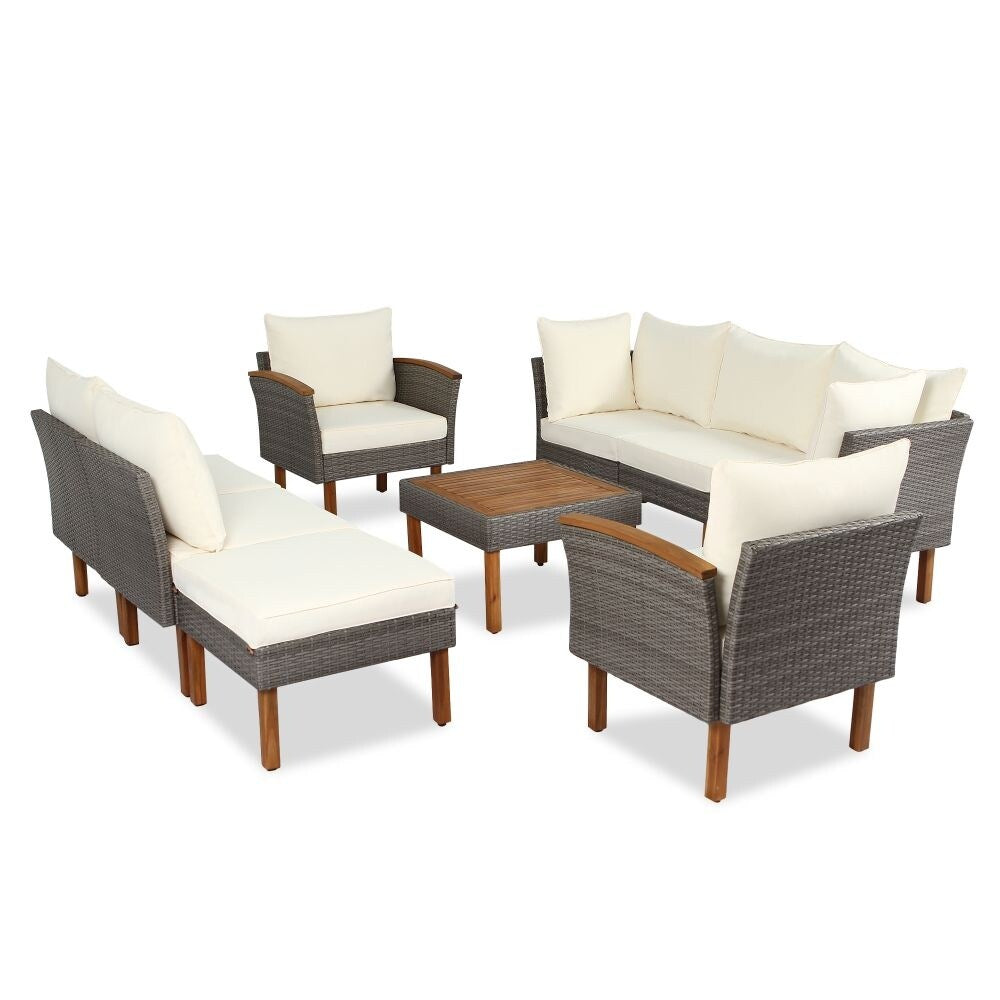 Ensemble de meubles de patio en rotin 9 pièces, ensemble de conversation extérieur avec pieds et plateau en bois d'acacia
