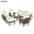 Ensemble de meubles de patio en rotin 9 pièces, ensemble de conversation extérieur avec pieds et plateau en bois d'acacia