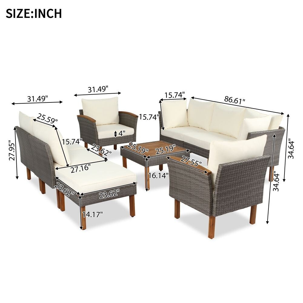 Ensemble de meubles de patio en rotin 9 pièces, ensemble de conversation extérieur avec pieds et plateau en bois d'acacia