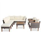 Ensemble de meubles de patio en rotin 9 pièces, ensemble de conversation extérieur avec pieds et plateau en bois d'acacia
