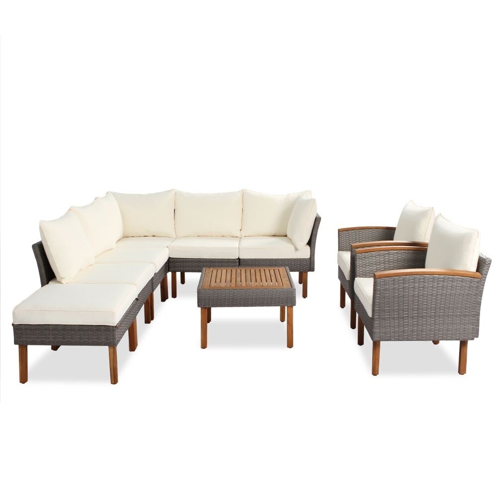 Ensemble de meubles de patio en rotin 9 pièces, ensemble de conversation extérieur avec pieds et plateau en bois d'acacia
