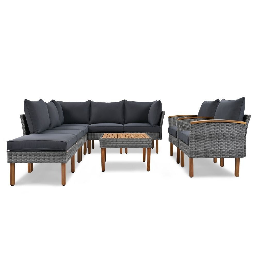 Ensemble de meubles de patio en rotin 9 pièces, ensemble de conversation extérieur avec pieds et plateau en bois d'acacia