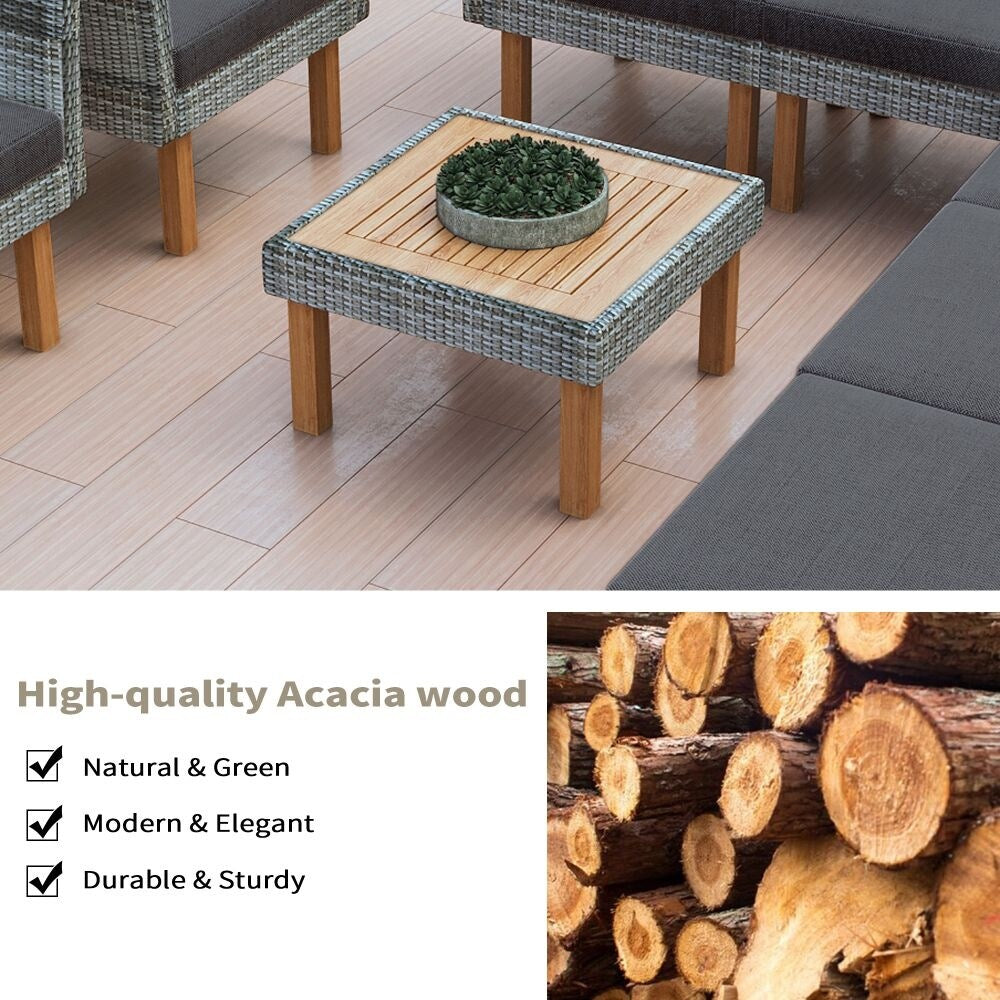 Ensemble de meubles de patio en rotin 9 pièces, ensemble de conversation extérieur avec pieds et plateau en bois d'acacia