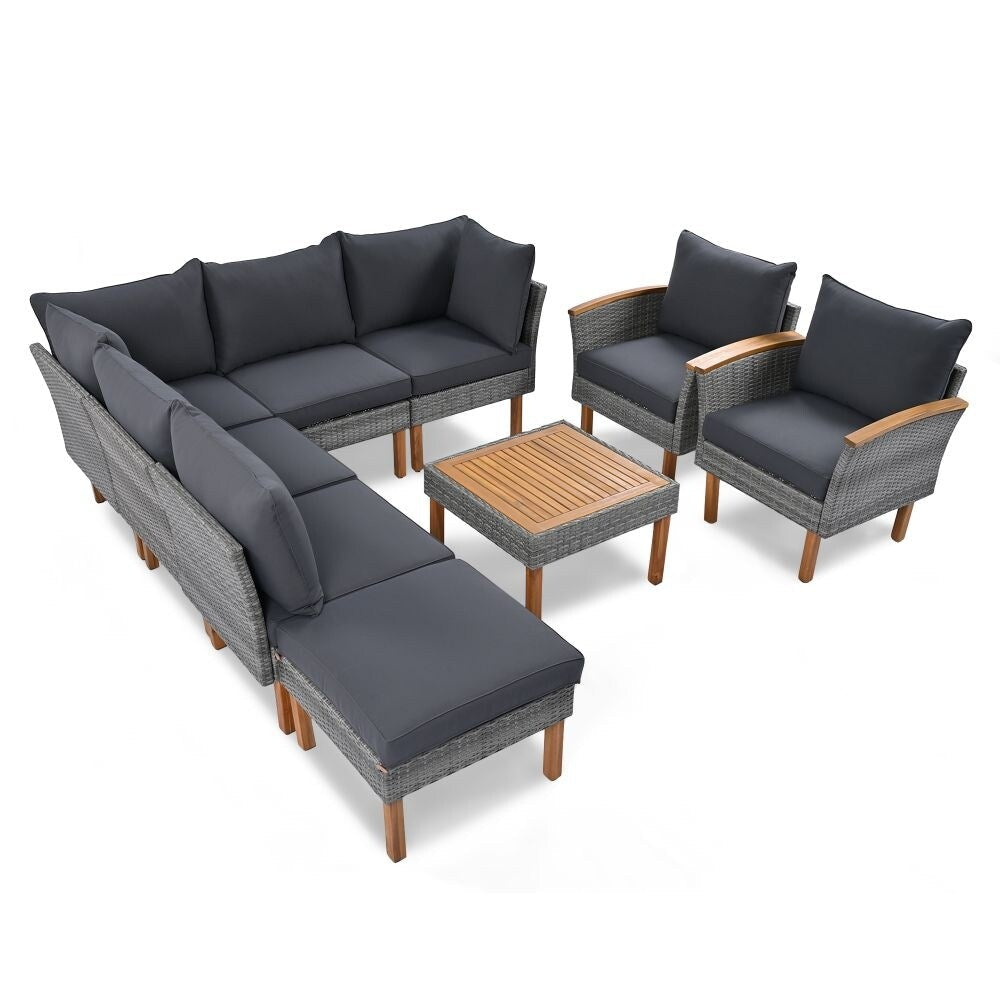 Ensemble de meubles de patio en rotin 9 pièces, ensemble de conversation extérieur avec pieds et plateau en bois d'acacia