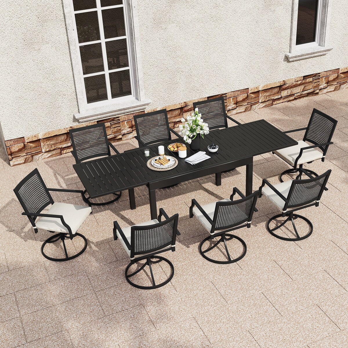 Ensemble de salle à manger d'extérieur 9 pièces avec table à manger extensible