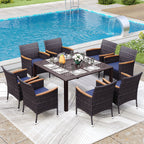 Ensemble de salle à manger de patio 9 pièces en rotin et osier avec trou pour parasol