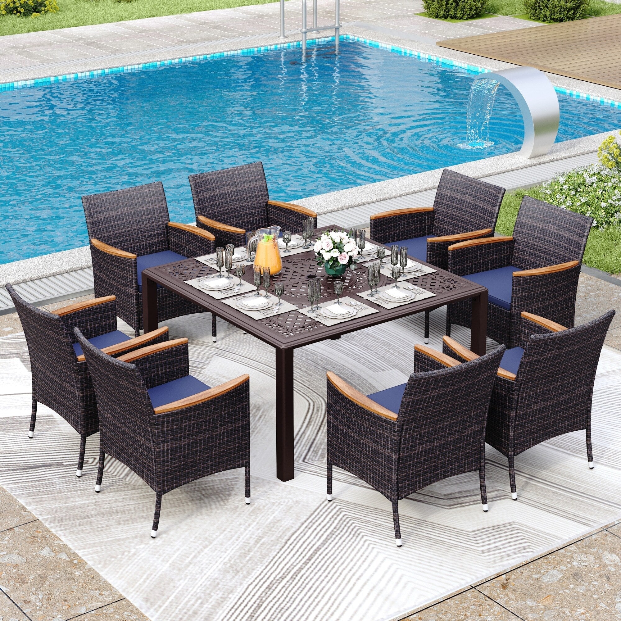 Ensemble de salle à manger de patio 9 pièces en rotin et osier avec trou pour parasol