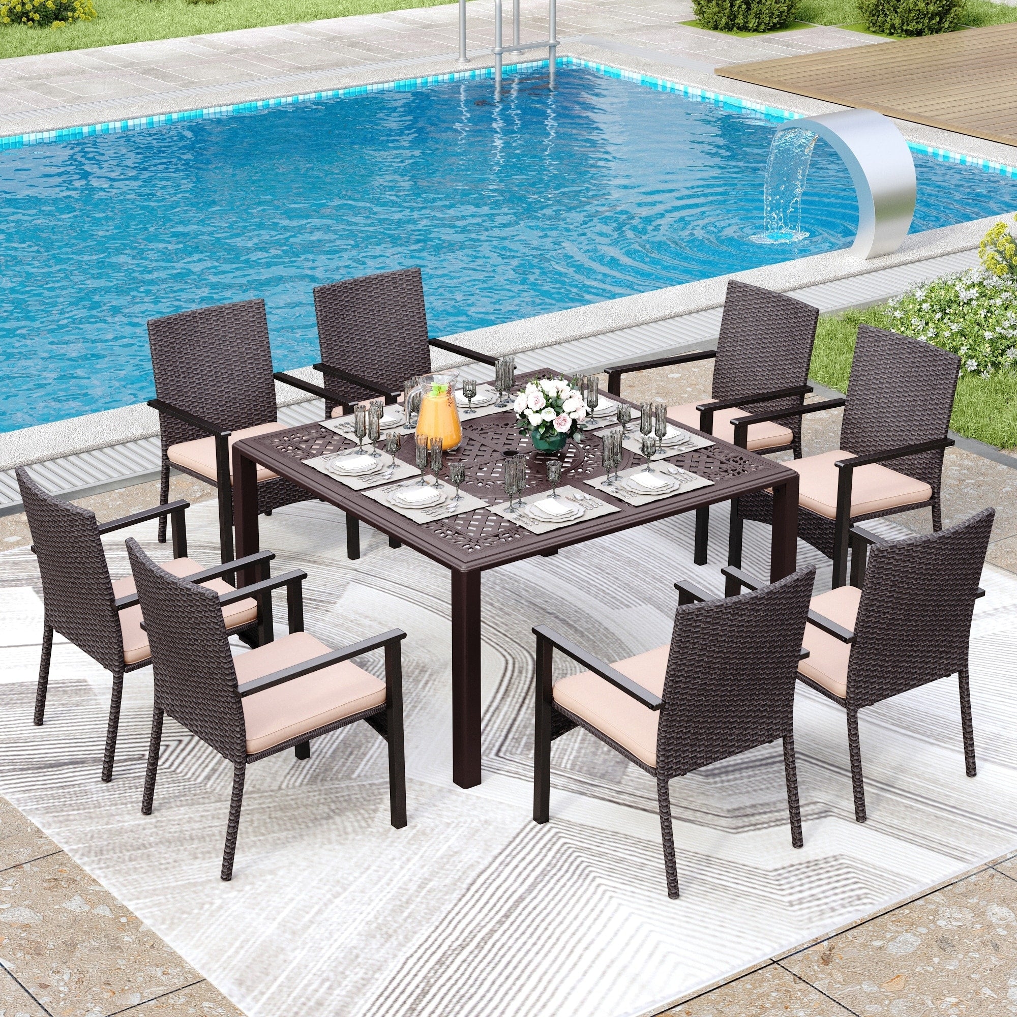 Ensemble de salle à manger de patio 9 pièces en rotin et osier avec trou pour parasol