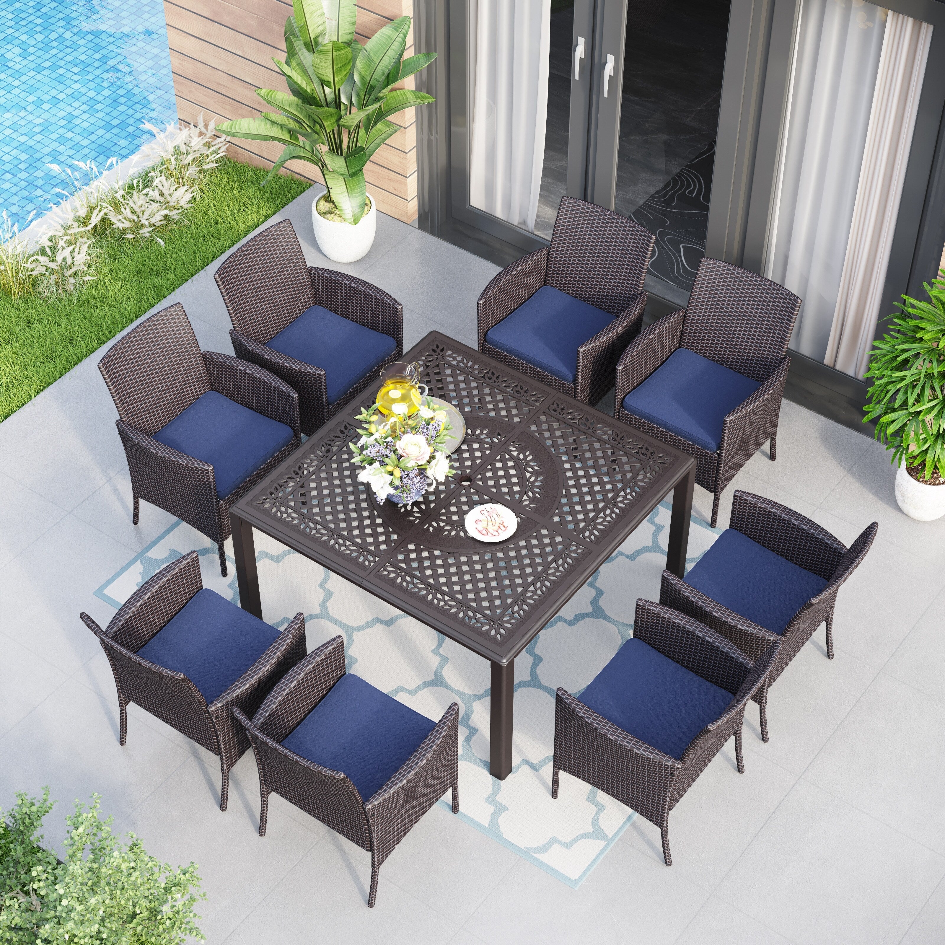 Ensemble de salle à manger de patio 9 pièces en rotin et osier avec trou pour parasol