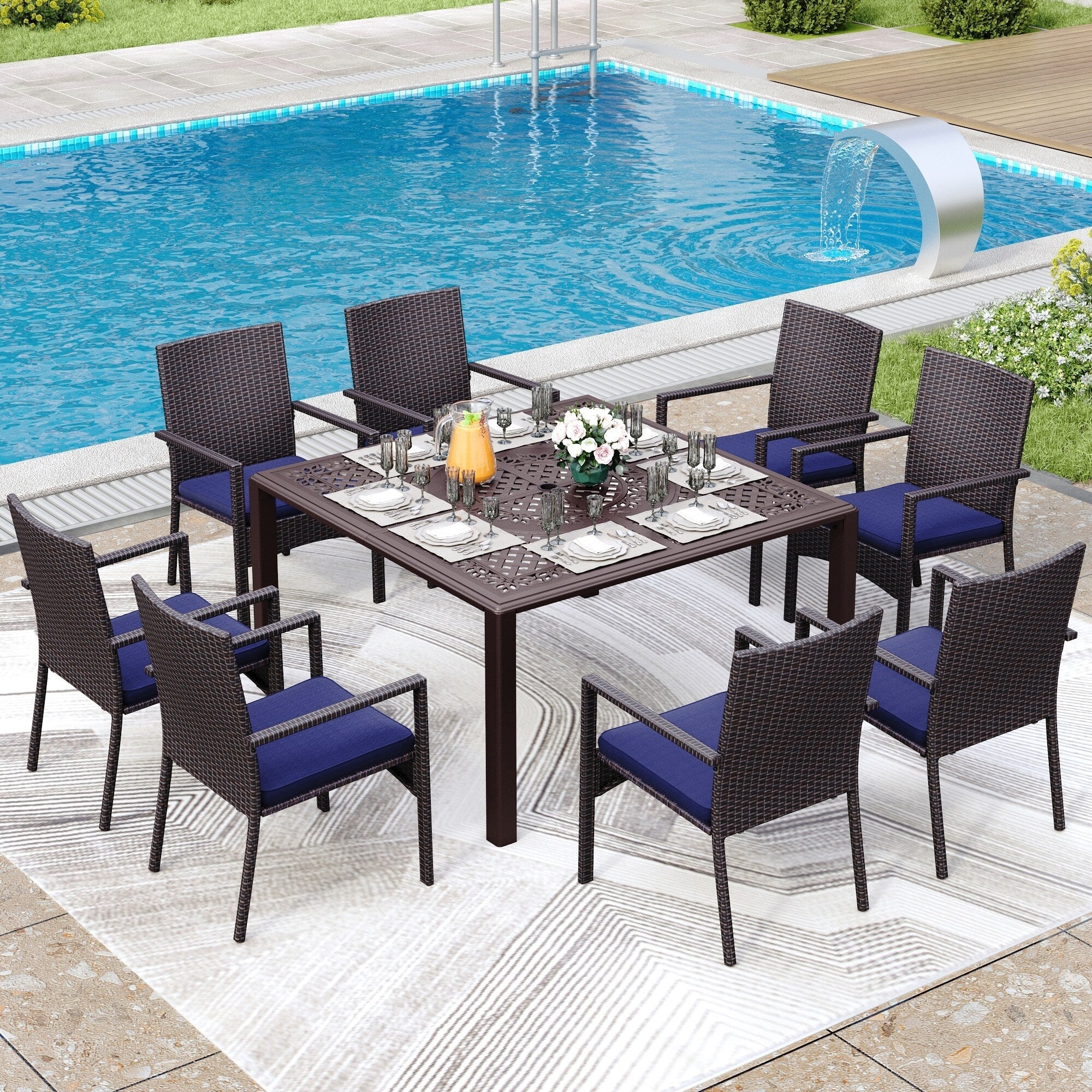 Ensemble de salle à manger de patio 9 pièces en rotin et osier avec trou pour parasol