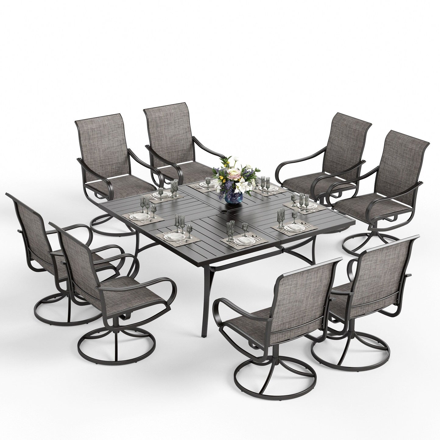 Ensemble de salle à manger de patio MAISON ARTS 9 pièces, table carrée en métal de 60 pouces et chaises de salle à manger en toile