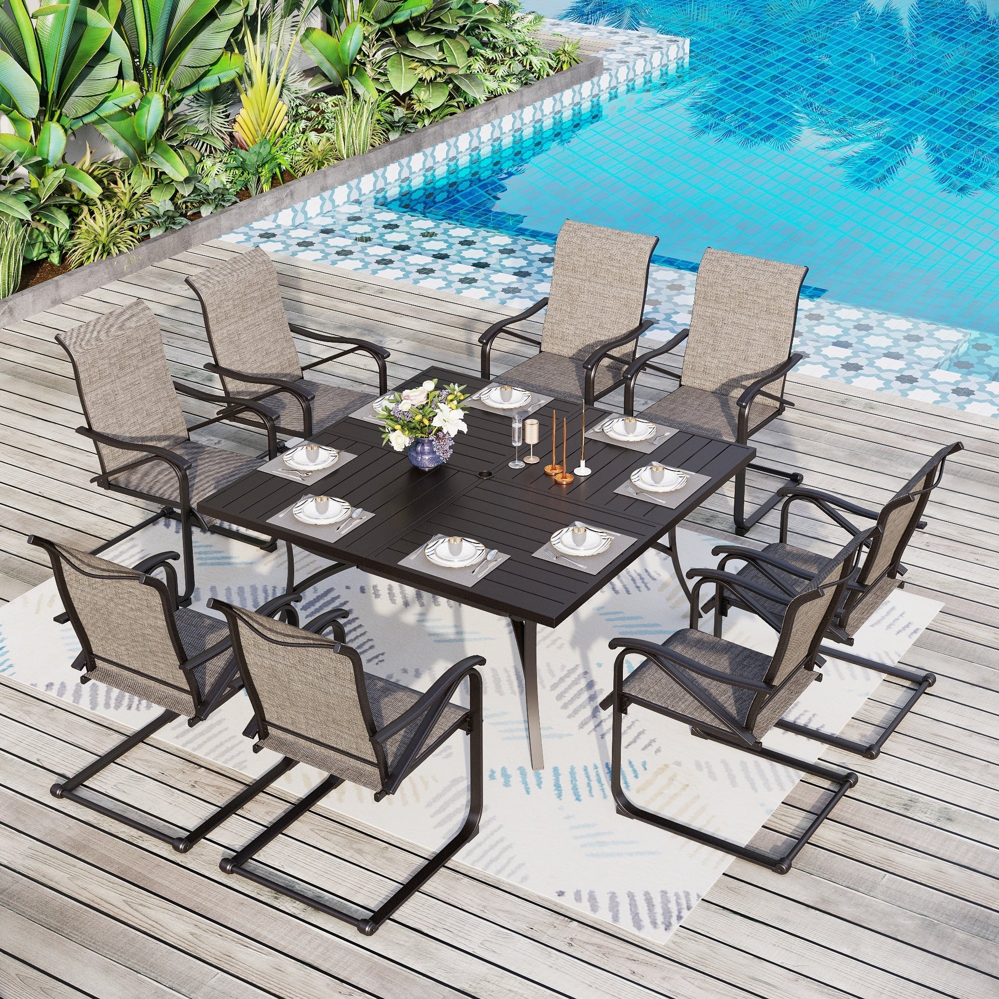 Ensemble de salle à manger de patio MAISON?ARTS 9 pièces, table carrée en métal de 60 pouces et chaises berçantes en toile