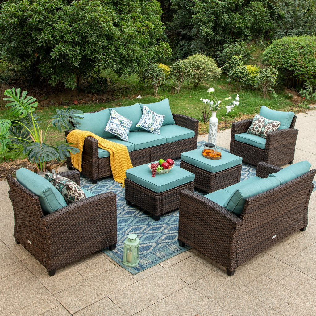 Ensemble de salon de jardin 9 places en rotin et osier avec canapé sectionnel à dossier haut et table pour foyer
