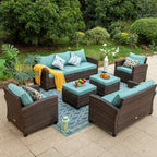 Ensemble de salon de jardin 9 places en rotin et osier avec canapé sectionnel à dossier haut et table pour foyer