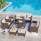 Ensemble de salon de jardin 9 places en rotin et osier avec canapé sectionnel à dossier haut et table pour foyer