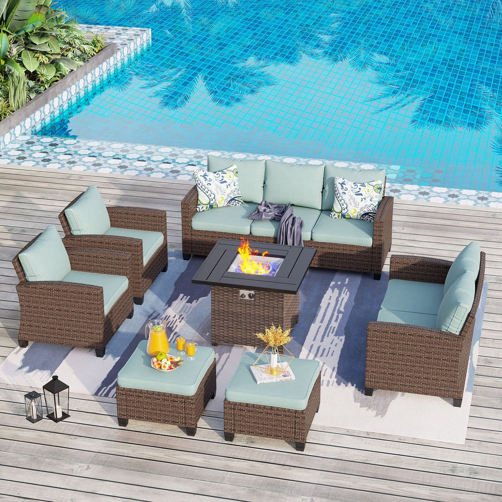 Ensemble de salon de jardin 9 places en rotin et osier avec canapé sectionnel à dossier haut et table pour foyer