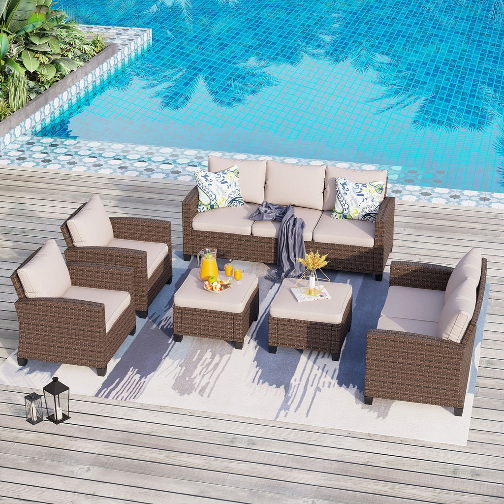Ensemble de salon de jardin 9 places en rotin et osier avec canapé sectionnel à dossier haut et table pour foyer