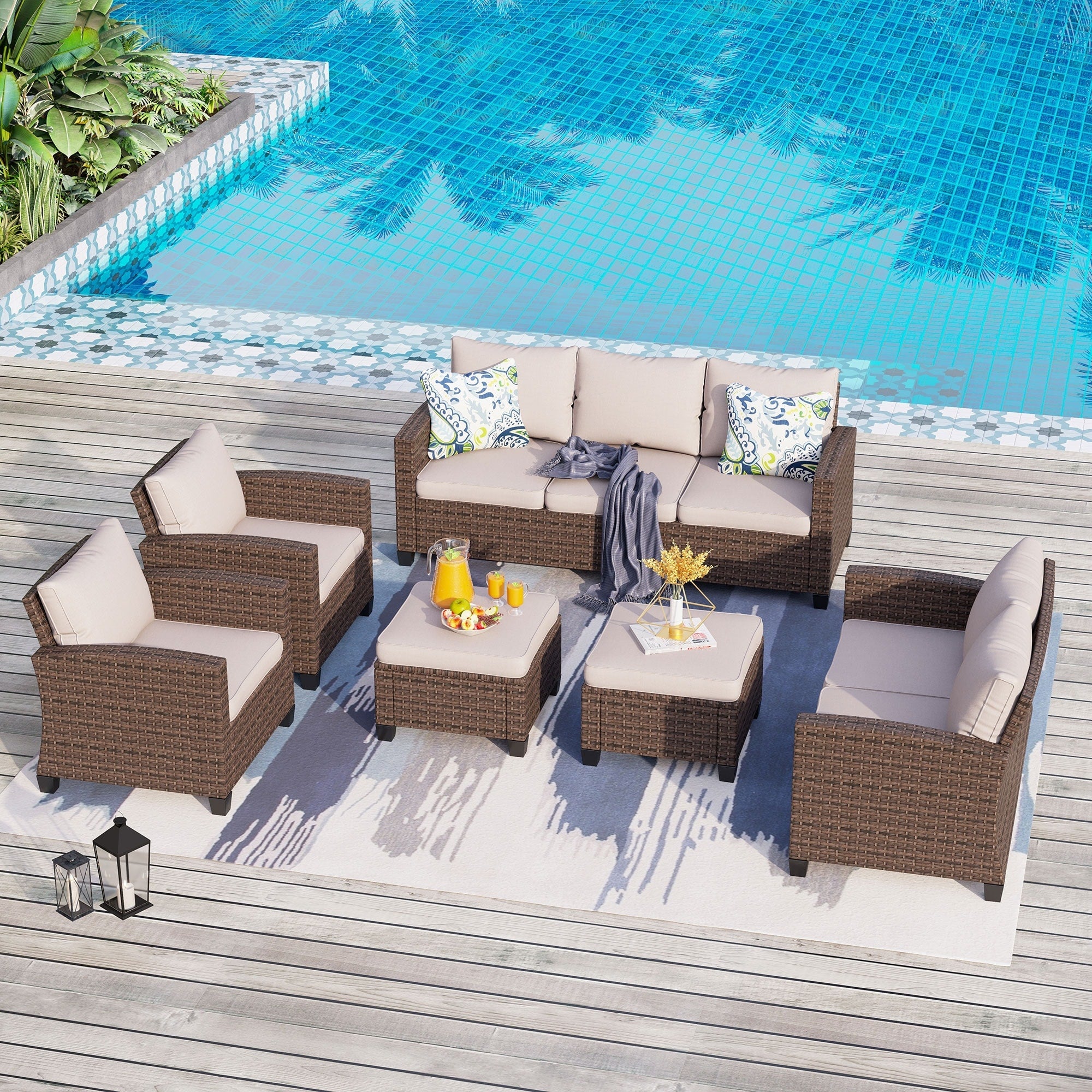 Ensemble de salon de jardin 9 places en rotin et osier avec canapé sectionnel à dossier haut et table pour foyer