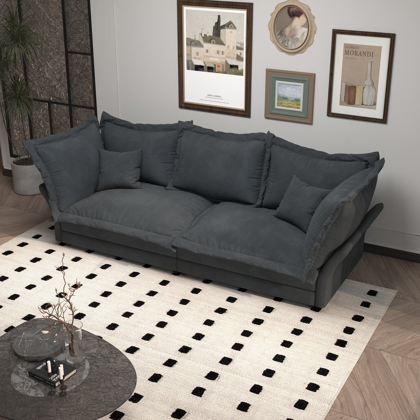 Canapés modernes à assise profonde avec plusieurs grands coussins moelleux