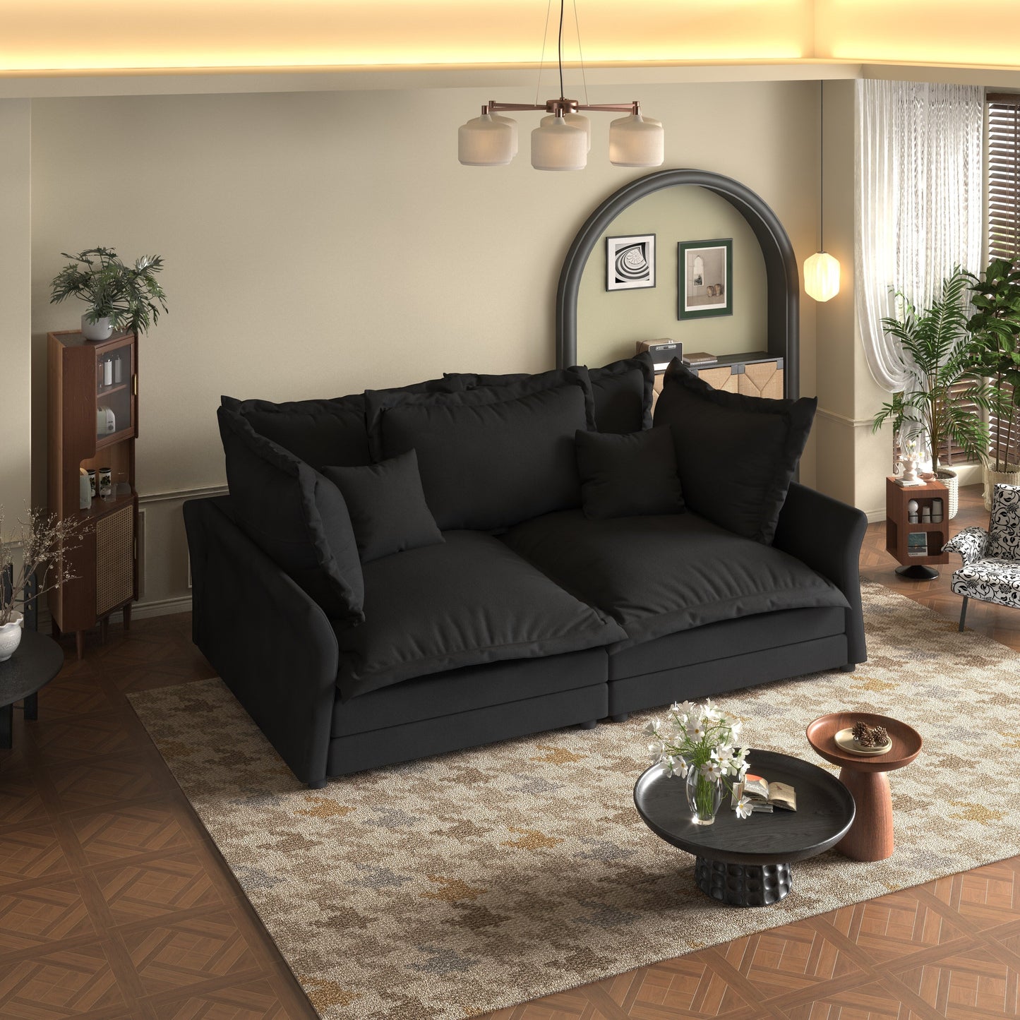 Canapés modernes à assise profonde avec plusieurs grands coussins moelleux