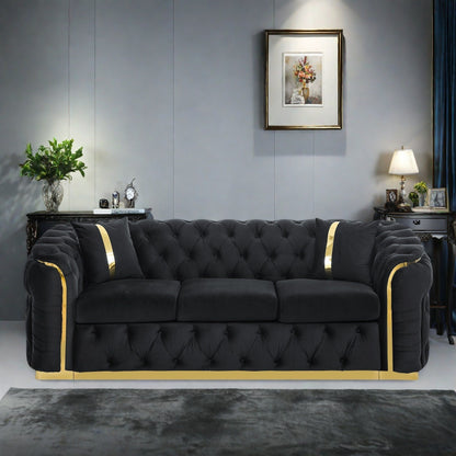 Canapé 3 places en velours 90,6 avec 2 coussins haute densité, touches dorées et coussins