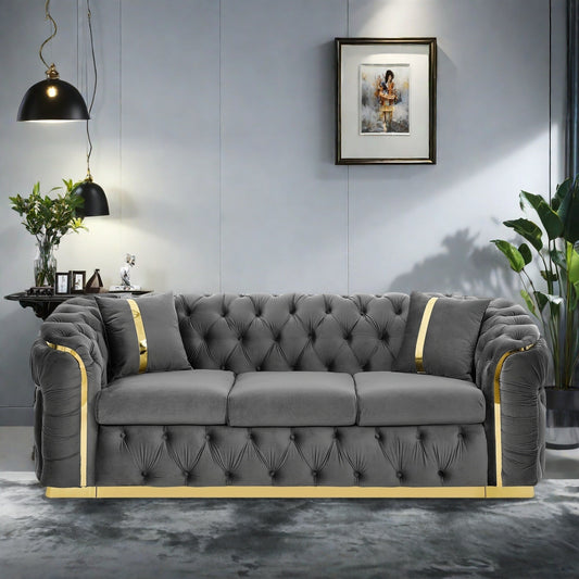 Canapé 3 places en velours 90,6 avec 2 coussins haute densité, touches dorées et coussins