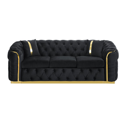 Canapé 3 places en velours 90,6 avec 2 coussins haute densité, touches dorées et coussins