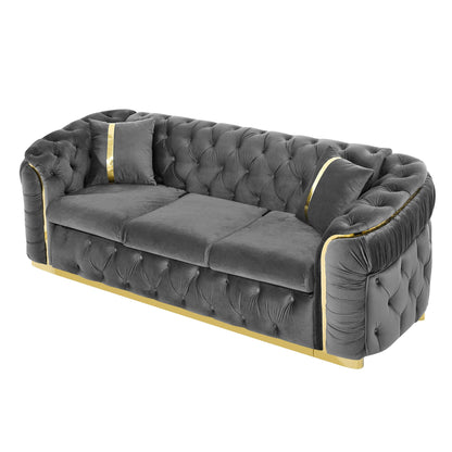 Canapé 3 places en velours 90,6 avec 2 coussins haute densité, touches dorées et coussins