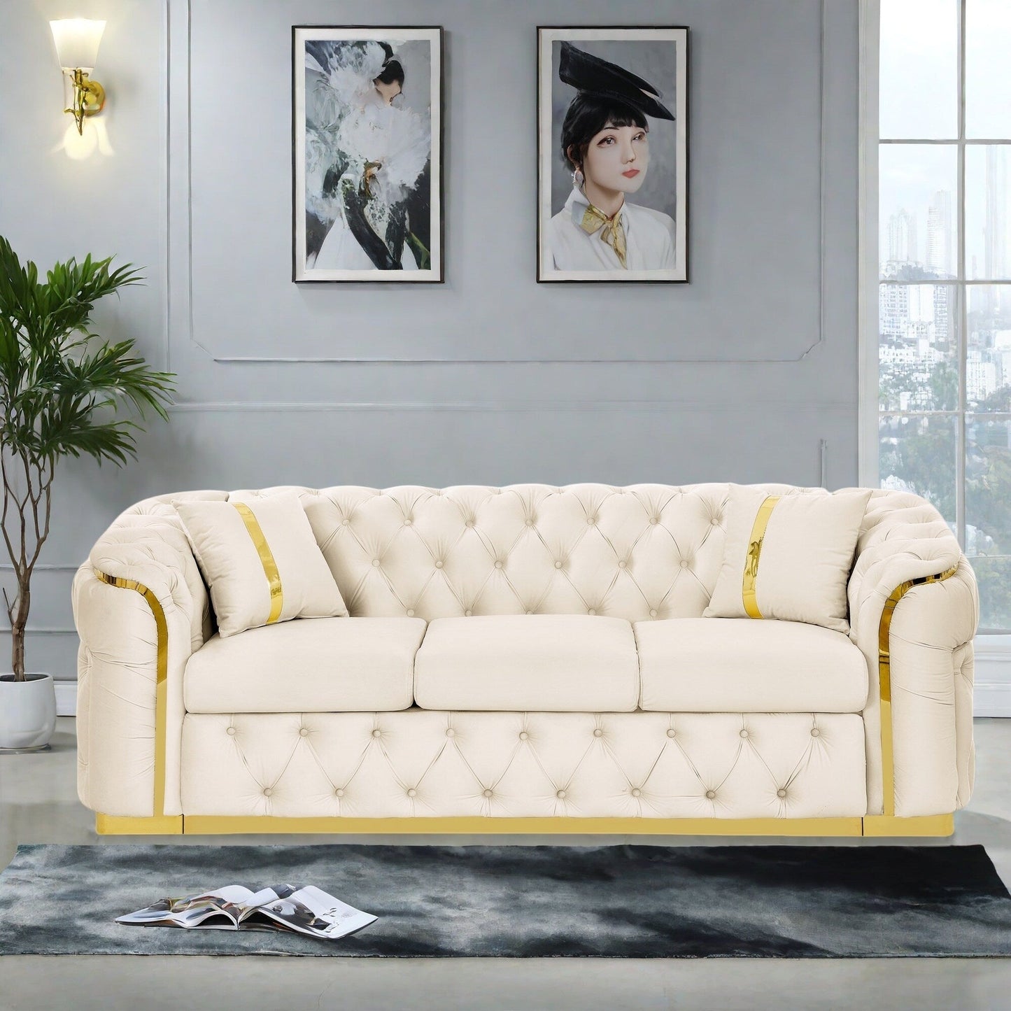 Canapé 3 places en velours 90,6 avec 2 coussins haute densité, touches dorées et coussins