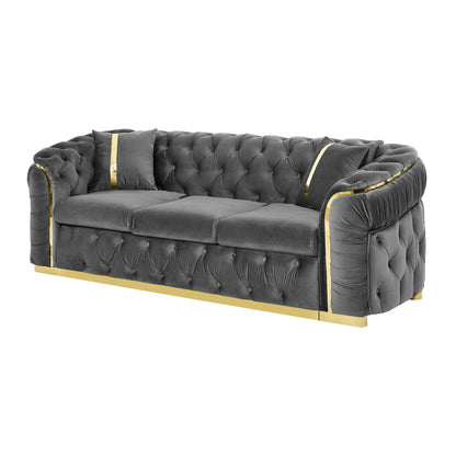 Canapé 3 places en velours 90,6 avec 2 coussins haute densité, touches dorées et coussins