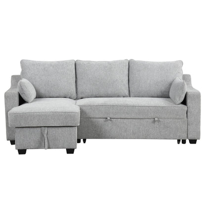 Canapé-lit 3 places en tissu en forme de L avec lit gigogne, méridienne de rangement, ports USB et supports de rangement latéraux.