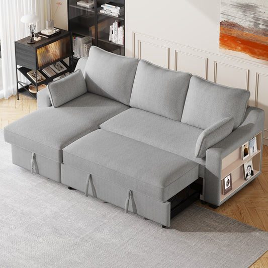 Canapé-lit 3 places en tissu en forme de L avec lit gigogne, méridienne de rangement, ports USB et supports de rangement latéraux.
