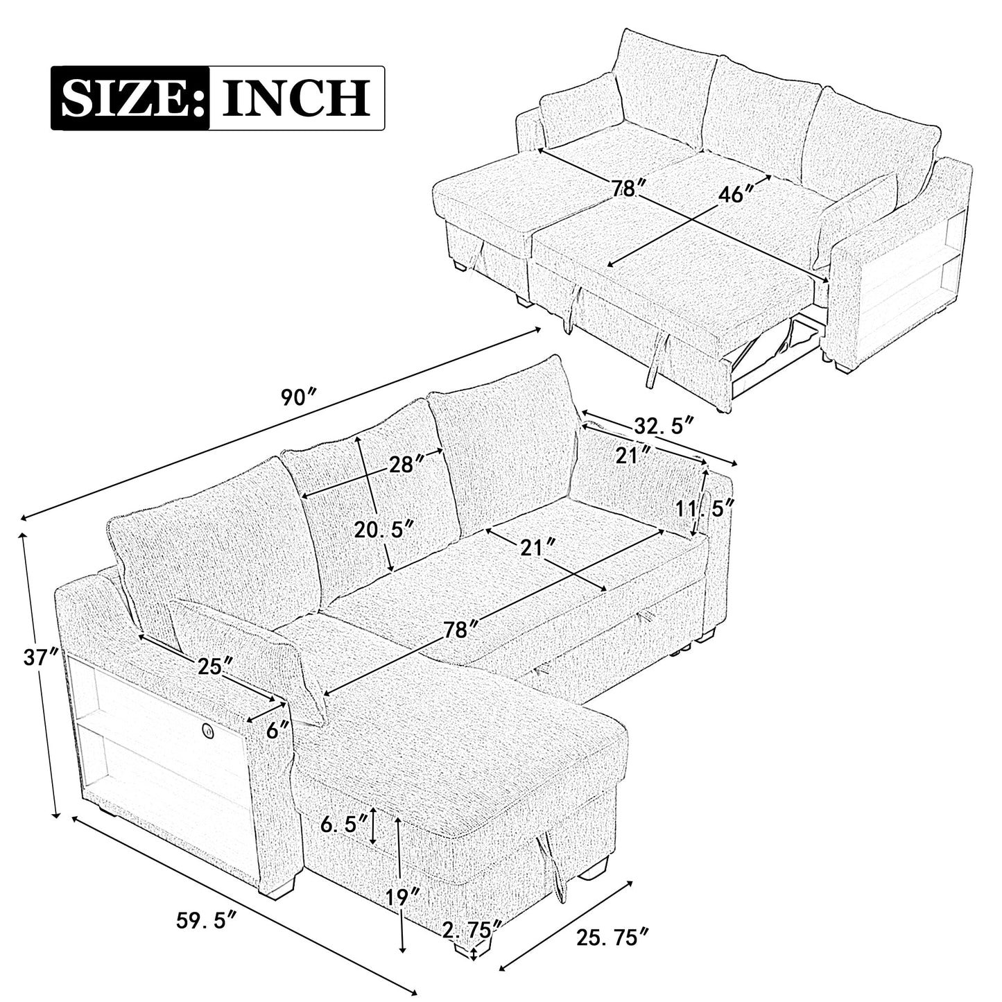 Canapé-lit 3 places en tissu en forme de L avec lit gigogne, méridienne de rangement, ports USB et supports de rangement latéraux.