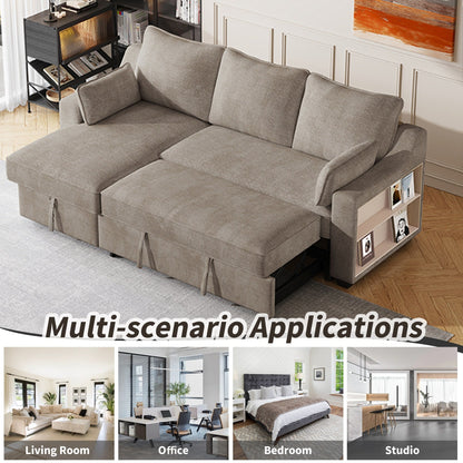 Canapé-lit 3 places en tissu en forme de L avec lit gigogne, méridienne de rangement, ports USB et supports de rangement latéraux.