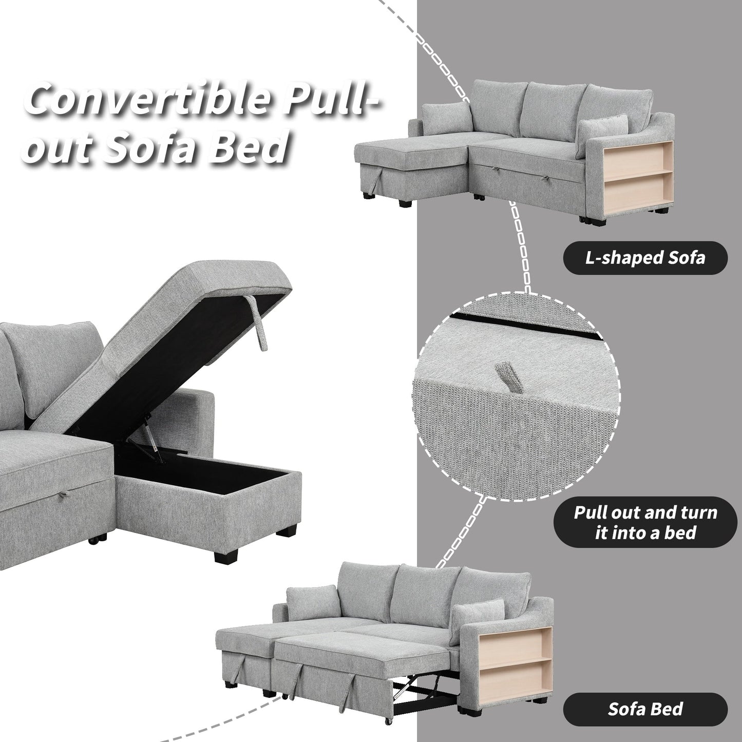 Canapé-lit 3 places en tissu en forme de L avec lit gigogne, méridienne de rangement, ports USB et supports de rangement latéraux.