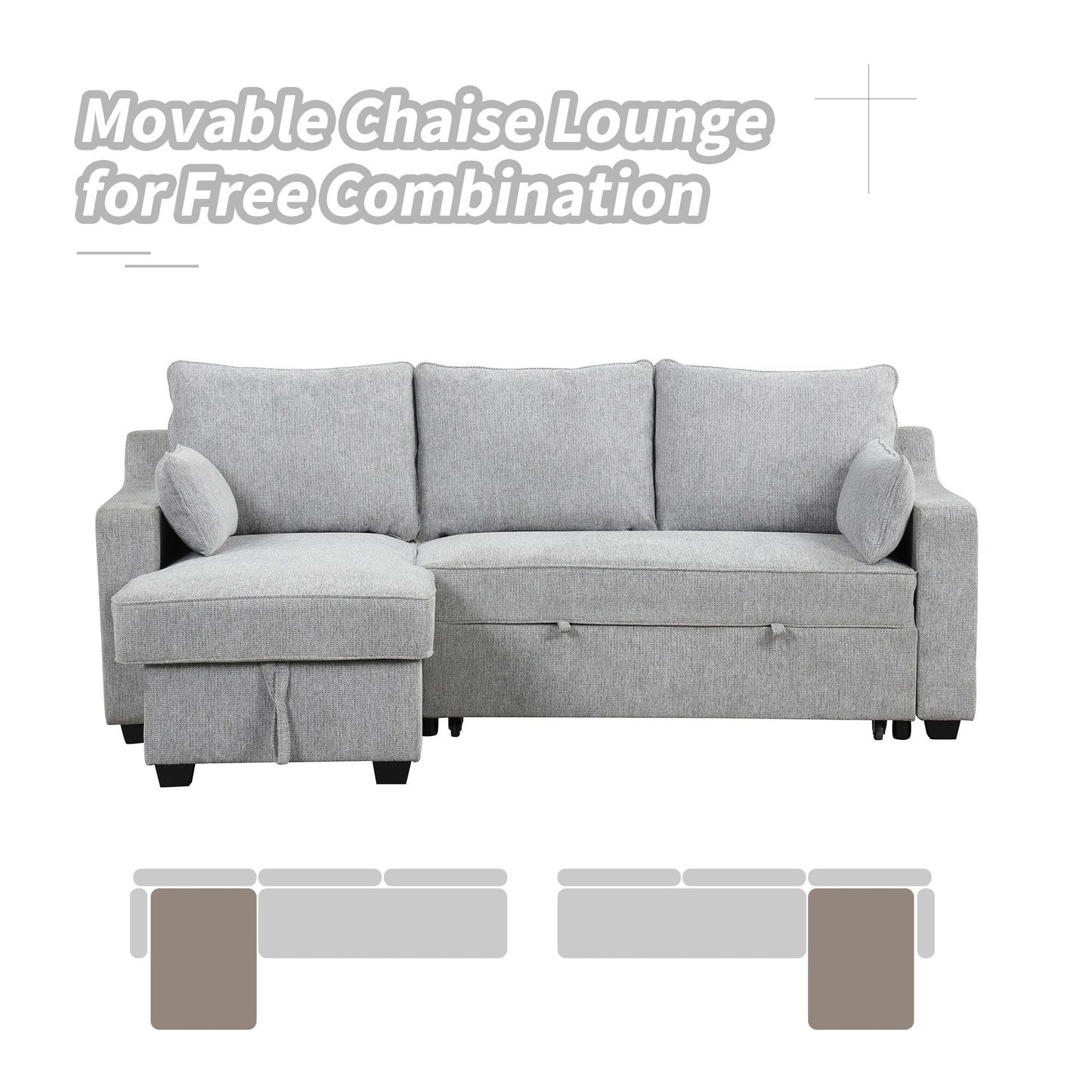 Canapé-lit 3 places en tissu en forme de L avec lit gigogne, méridienne de rangement, ports USB et supports de rangement latéraux.