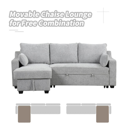 Canapé-lit 3 places en tissu en forme de L avec lit gigogne, méridienne de rangement, ports USB et supports de rangement latéraux.