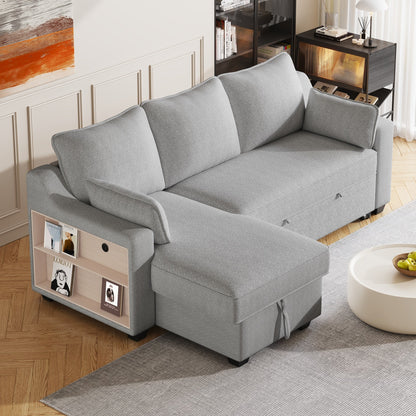 Canapé-lit 3 places en tissu en forme de L avec lit gigogne, méridienne de rangement, ports USB et supports de rangement latéraux.