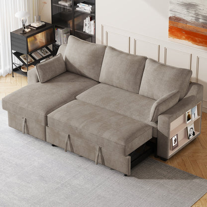 Canapé-lit 3 places en tissu en forme de L avec lit gigogne, méridienne de rangement, ports USB et supports de rangement latéraux.