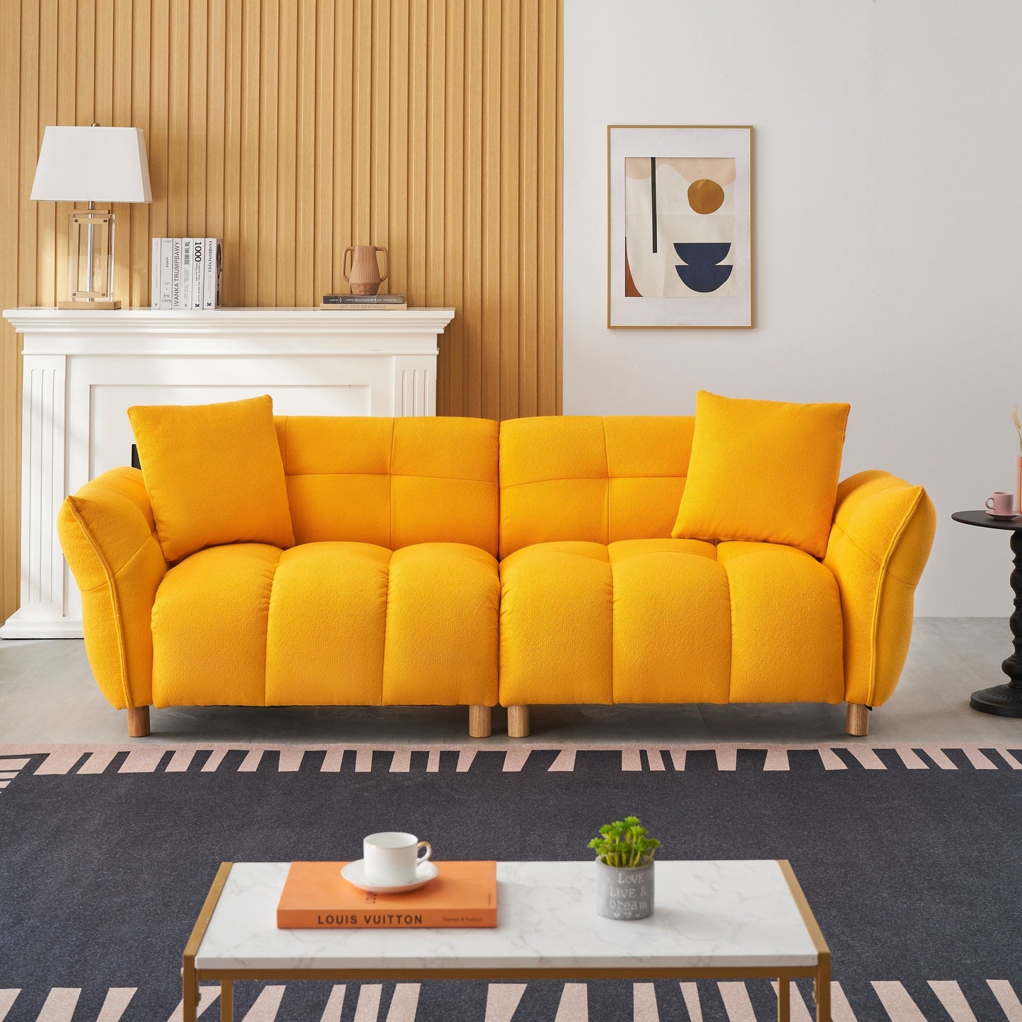 Canapé Teddy en tissu de 93,70 pouces de long, avec deux oreillers assortis et trois sièges spacieux et confortables