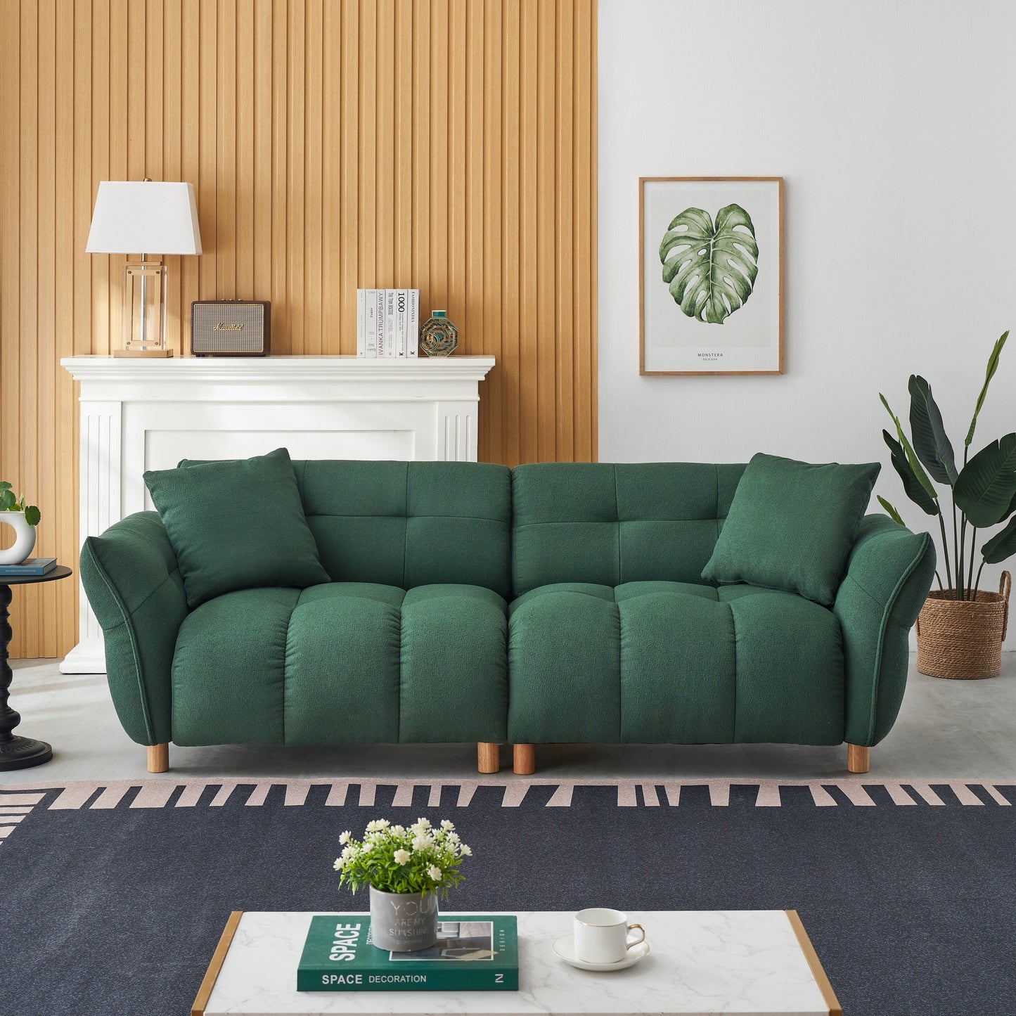 Canapé Teddy en tissu de 93,70 pouces de long, avec deux oreillers assortis et trois sièges spacieux et confortables