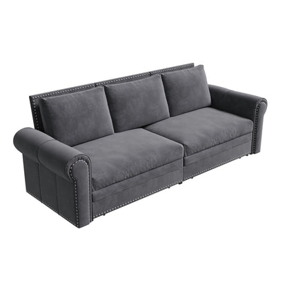 Canapé-lit 3 places en velours 93,7 pouces 3 en 1 avec accoudoirs roulés et garniture cloutée