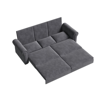 Canapé-lit 3 places en velours 93,7 pouces 3 en 1 avec accoudoirs roulés et garniture cloutée